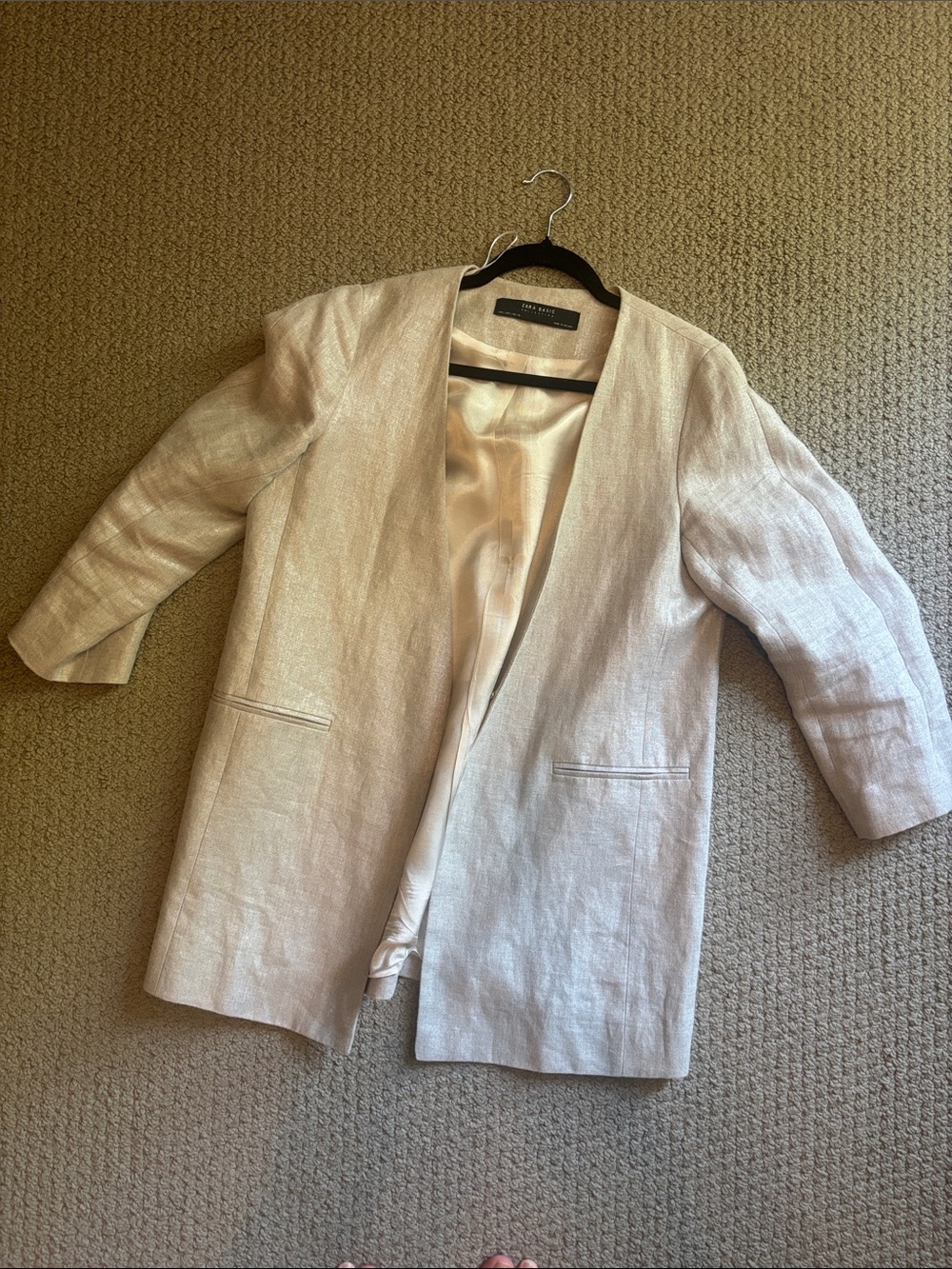Zara Light Beige Glazed Linen Collarless Open-Front Blazer
